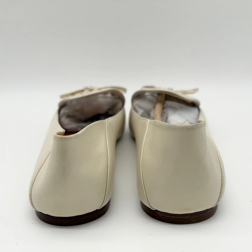 Tory Burch Woven Leather Ivory Charm Loafers Square Toe Flats Bow Detail Size 7